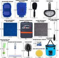 AUTODECO 22Pcs Car Wash Cleaning Tools Kit Car Detailing Set with Blue Canvas Bag Collapsible Bucket Wash Mitt Sponge Towels Tire Brush Window Scraper Duster Complete Interior Car Care Kit
