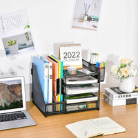 Marbrasse Desk Organizer with File Holder, 5-Tier Paper Letter Tray Organizer with Drawer and 2 Pen Holder, Mesh Desktop Organizer and Storage with Magazine Holder for Office Supplies(Black)