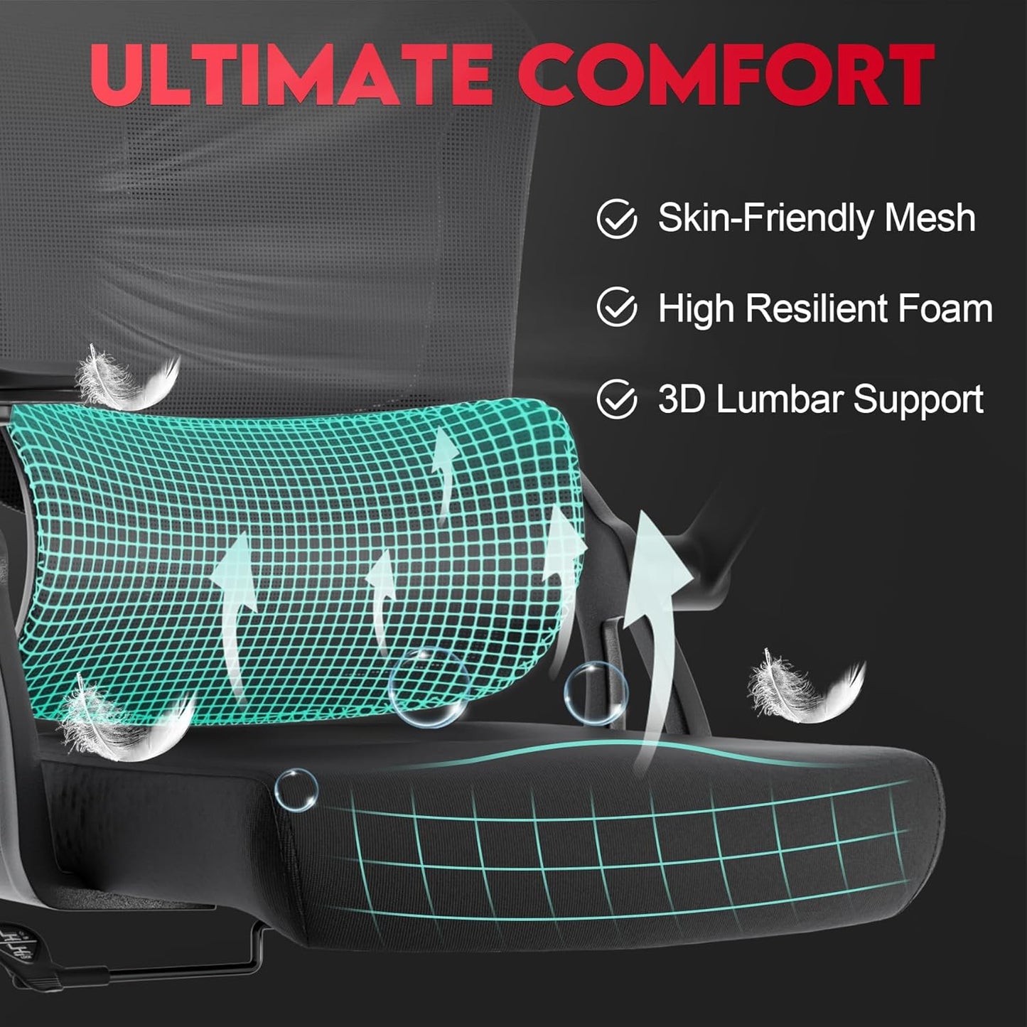 Ergonomic Office Chair - 400LB Comfy Desk Chairs with Adjustable Headrest and Lumbar Back Support, Mesh Computer Chairs with Wheels and Arms for Home Office, Study, Bedroom and Dorm