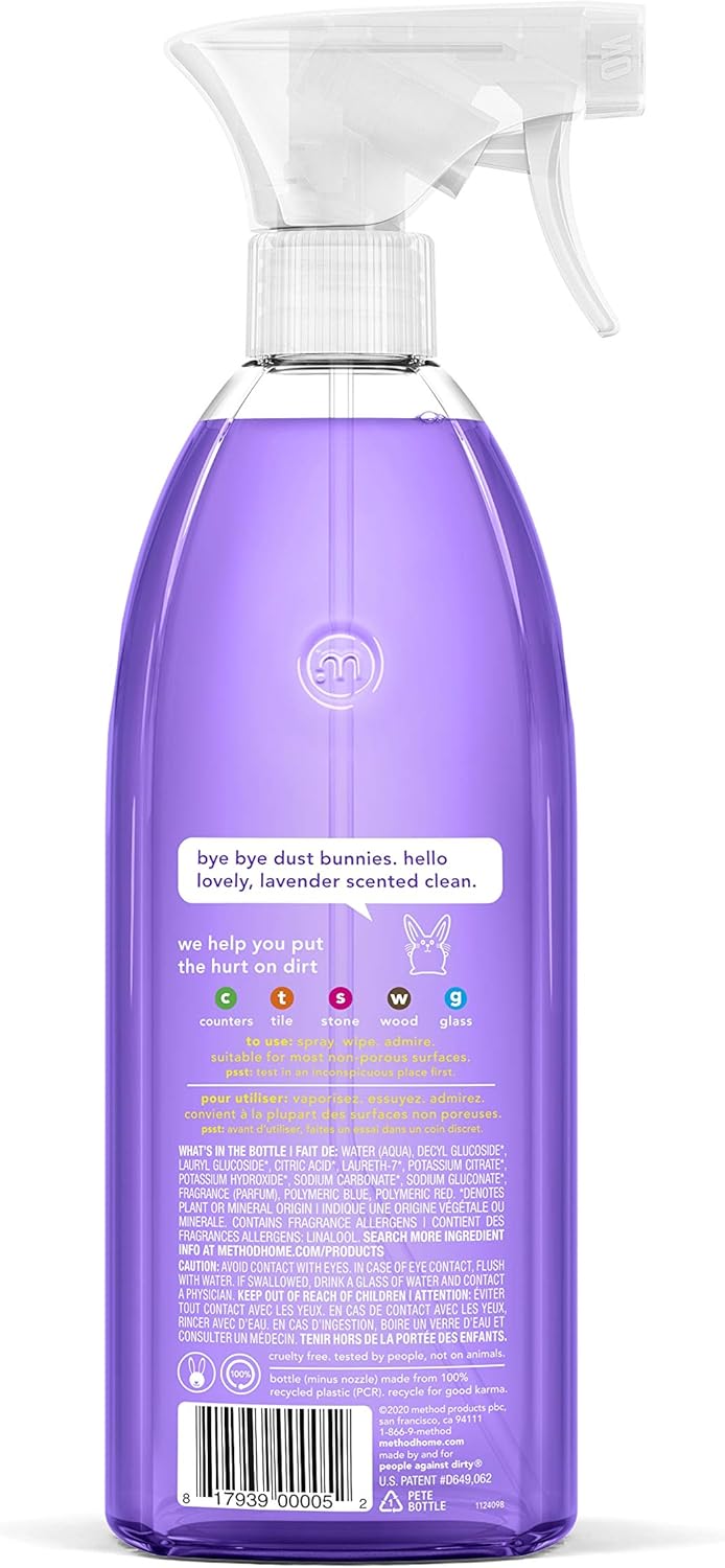 Method All-Purpose Cleaner Spray, French Lavender, Plant-Based and Biodegradable Formula Perfect for Most Counters, Tiles and More, 28 Fl Oz, (Pack of 1