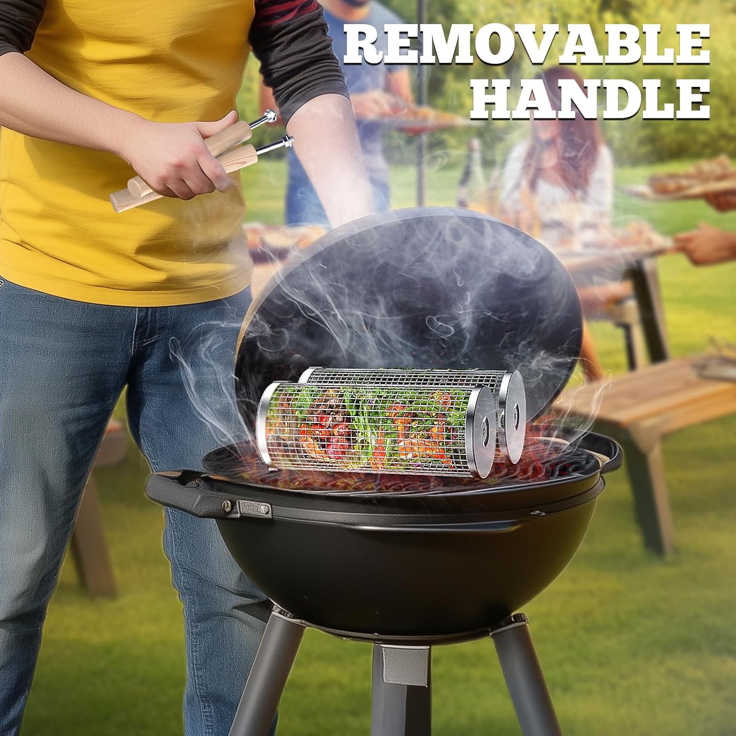Nesting Grill Baskets (2PCS) with Removable Wooden Handle, Stainless Steel BBQ Tools - Cart Shape