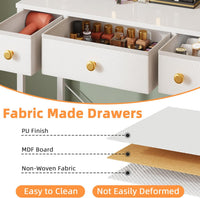 Small Makeup Vanity Desk 27.5''W with Mirror and Lights, Vanity Desk with 3 Fabric Drawers and Height-Adjustable Stand, Vanity Table for Girls Gifts, Bedroom and Small Spaces, White