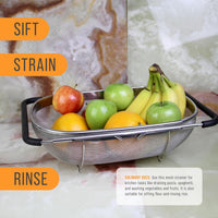 U.S. Kitchen Supply Stainless Steel Colander Strainer - 6-Quart Collapsible Colander with Expandable Rubber Handles - Rectangular Sieve, Fine Mesh Stainless Steel Strainers and Colanders for Kitchen