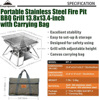 CAMPINGMOON Portable Stainless Steel Campfire Fire Pit Foldable Wood Burning Charcoal Grill for Camping Stove, Outdoor Cooking, Folding BBQ Grill 14-inch with Carry Bag MT-2