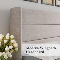 Allewie King Size Lift Up Storage Bed, Modern Wingback Headboard, Hydraulic Support, No Box Spring Needed, Light Beige