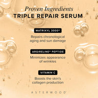 Asterwood Triple Repair Matrixyl 3000 + Argireline + Hyaluronic Acid + Vitamin C Serum for Face - Anti-Aging, Collagen Boosting, Hydrating - Fragrance-Free - 1 Fl Oz