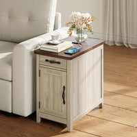 LINSY HOME Farmhouse End Table with Charging Station, Narrow Side Table for Living Room, Sofa Side Table with Drawer and Storage Cabinet, Small Nightstand for Home Office