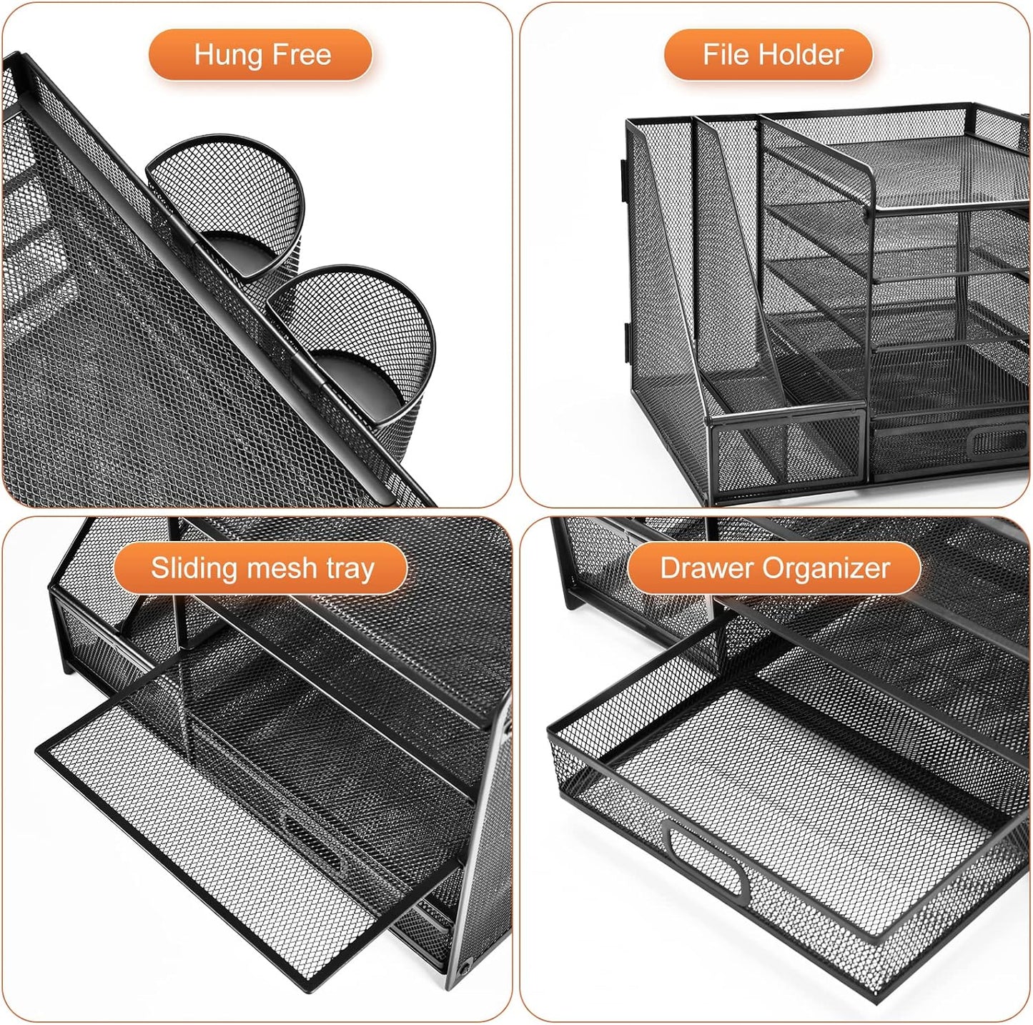 Marbrasse Desk Organizer with File Holder, 5-Tier Paper Letter Tray Organizer with Drawer and 2 Pen Holder, Mesh Desktop Organizer and Storage with Magazine Holder for Office Supplies(Black)