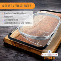 U.S. Kitchen Supply Stainless Steel Colander Strainer - 6-Quart Collapsible Colander with Expandable Rubber Handles - Rectangular Sieve, Fine Mesh Stainless Steel Strainers and Colanders for Kitchen