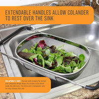 U.S. Kitchen Supply Stainless Steel Colander Strainer - 6-Quart Collapsible Colander with Expandable Rubber Handles - Rectangular Sieve, Fine Mesh Stainless Steel Strainers and Colanders for Kitchen