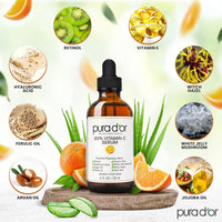 PURA D'OR 20% Vitamin C Serum 4 Oz - Lightweight Maximum Strength Formula - Retinol, Hyaluronic Acid, Ferulic Acid - Professional Grade Treatment For Face & Eyes, Wrinkles - Men & Women