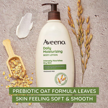 Aveeno Daily Moisturizing Body Lotion, Body Lotion for Dry Skin with Prebiotic Oat, Paraben Free, Fragrance Free, Non-Greasy, Non-Comedogenic Moisturizer, 18 FL OZ