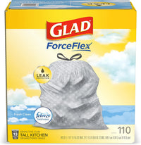 Glad Tall Kitchen Drawstring Trash Bags - Odorshield 13 Gallon White Trash Bag, Febreze Fresh Clean, 110 Count